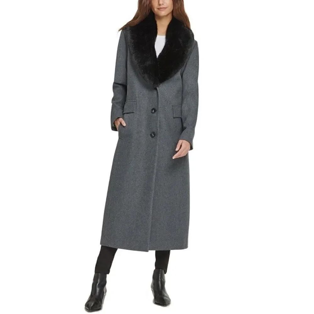 DKNY Faux Fur Collar Charcoal Maxi Coat P NWT